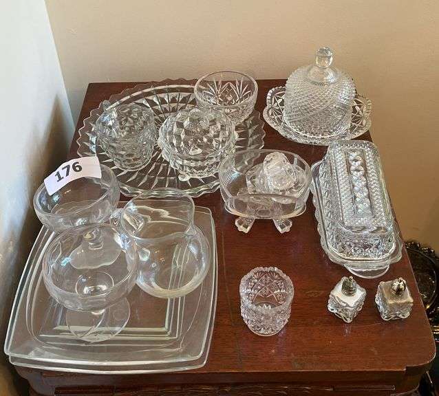 Pressed glass butter dish, cheese dish, Fostoria style tray. Creamer/sugar, salt/pepper, snack tray, tooth pick image