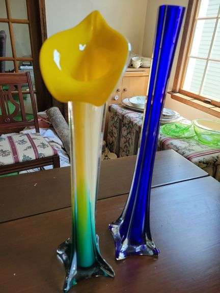 Yellow Blue Gradient Murano Art Glass Jack in the Pulpit Vase 16”, Vintage Skinny Tall Cobalt Blue Glass Vase 16"