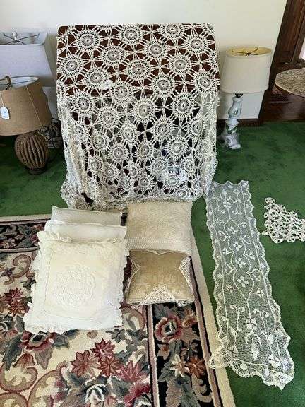 Lace tablecloths, decorative pillows, lace runners, dollie’s