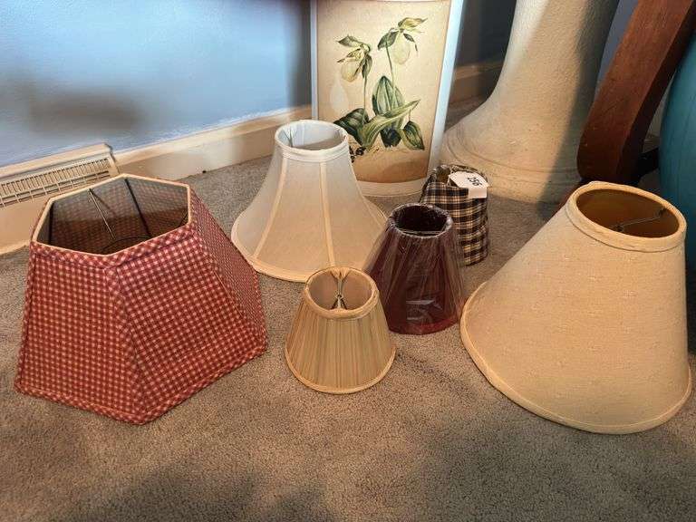 Excerise ball, lamp shades, metal trash can image