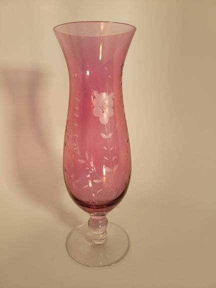 Vintage Crystal Cranberry Luster Pedestal Vase w/Etched Cut Flowers 10.25" tall image