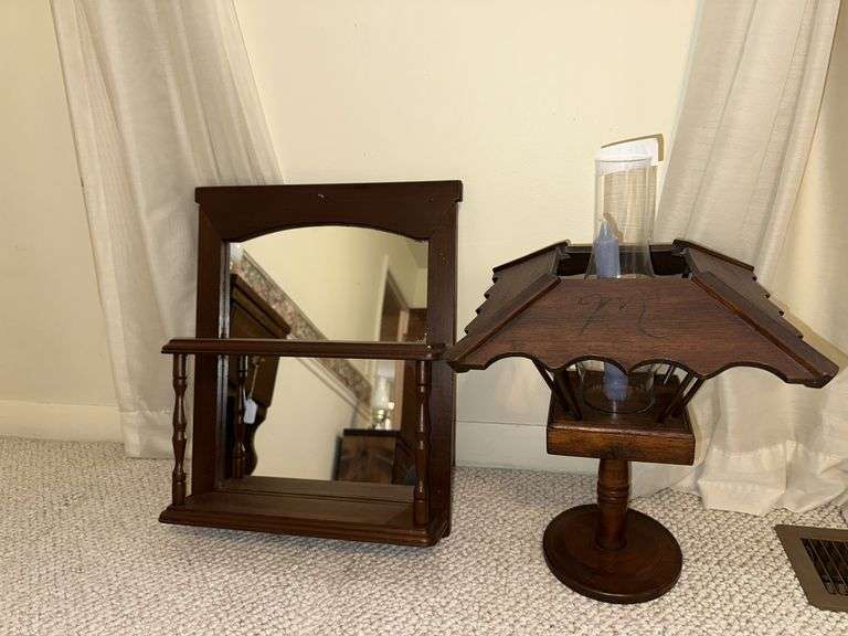 Wooden candle holder, wall shelf with mirrored back