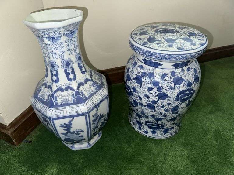 Blue and white painted garden stool 11.5” tall, blue and white vase 14.5” tall