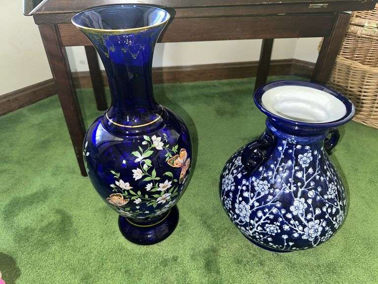 17” tall Cobalt blue glass vase with hand painted design, 12” white and blue decorative 2 handle vase