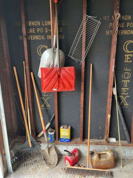 Shovel, rakes, machette, broom, aluminum scoop shovel, gas cans, mineral spirit