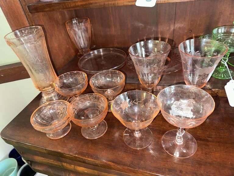 Pink Depressions glass sherbets, wines, vase, 2 plates image