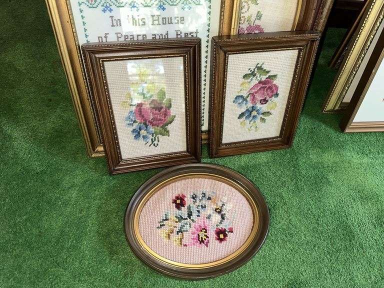 Large lot of framed needlework pictures