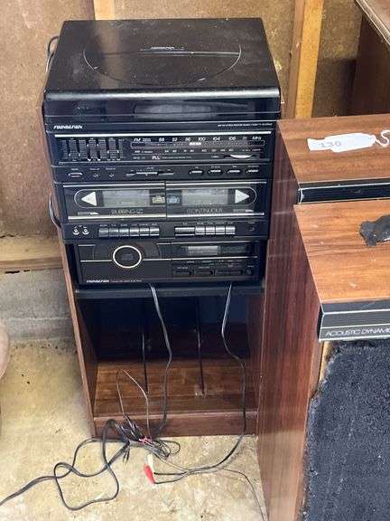 Sound design stereo, wood cabinet, books