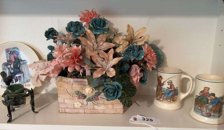 2 antiques porcelain mugs, Norman Rockwell plate, bird candle holder, basket of flowers image