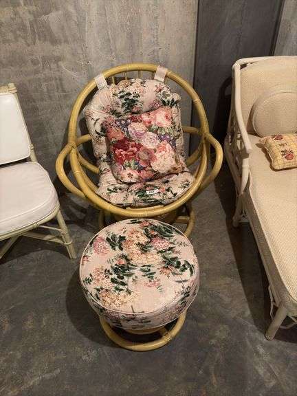 Vintage circular rattan swivel rocking chair w/ ottoman image