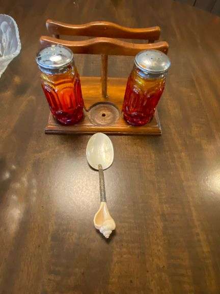 Glassware, bowls, relish dish, salt and pepper, shell spoon