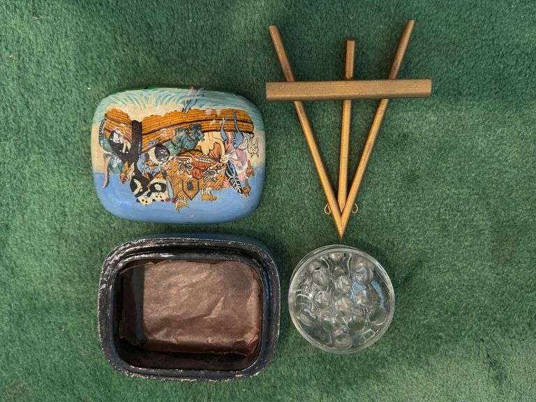 2 vases, Asian bowls (1 metal, 1 ceramic), mini easel, frog, covered box