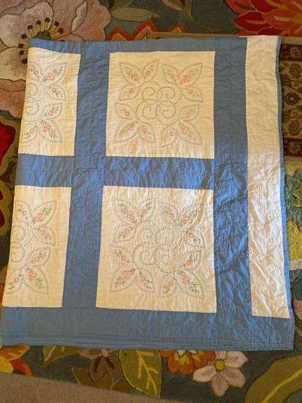 Blue and white embroidered quilt, 76” x 88” image