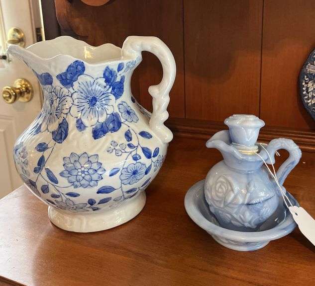 Blue/white pitcher, Avon pitcher & bowl