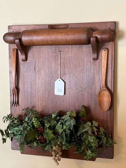 Antique rolling pin, knife & spoon display