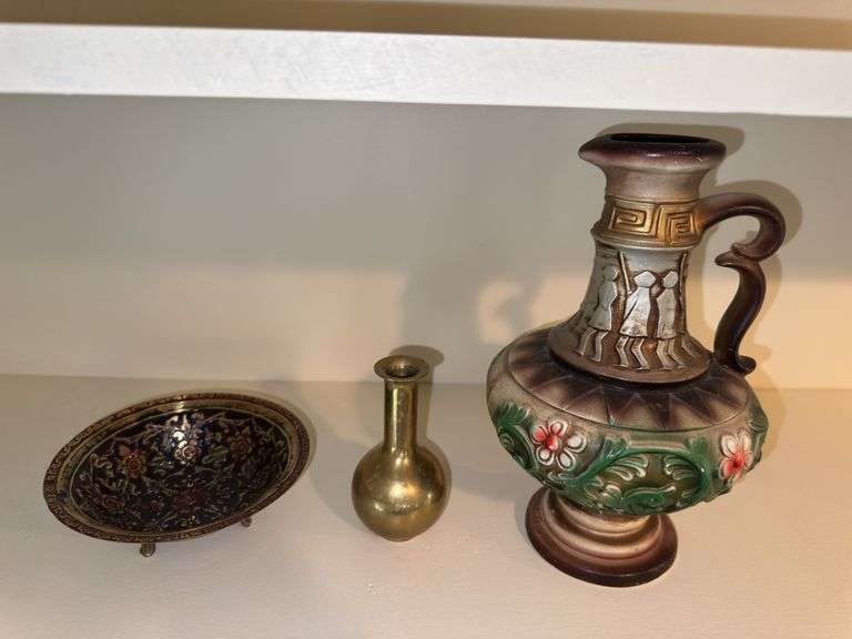 Small footed enamel bowl, small brass vase, decorative pitcher, carved box image