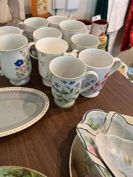 Royal Victoria bone China mugs, candle sticks, Harkerware dish