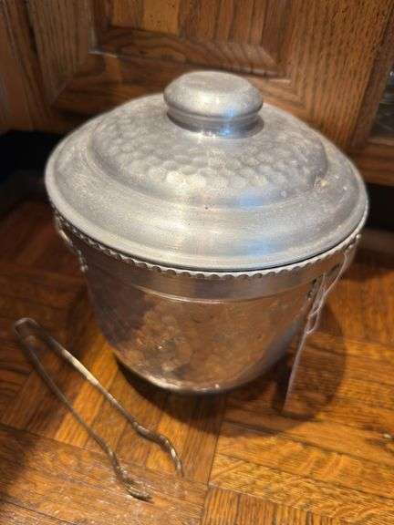 Hammered aluminum ice bucket, large yellow metal tray, aluminum stand, metal bowls