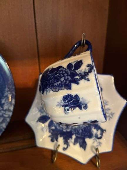West German plate, flow blue vase, blue white cup& saucer