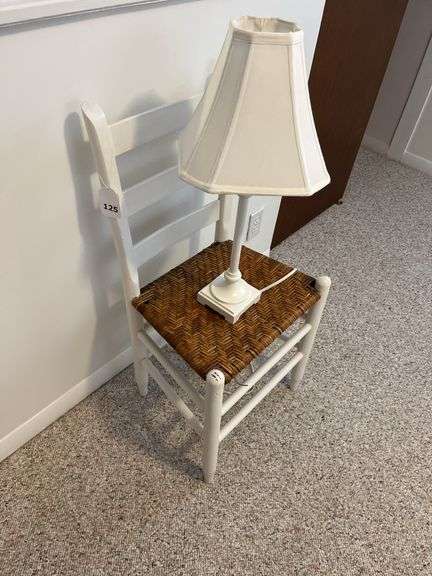 Wall mirror, painted chair w/ wicker seat, 23” table lamp