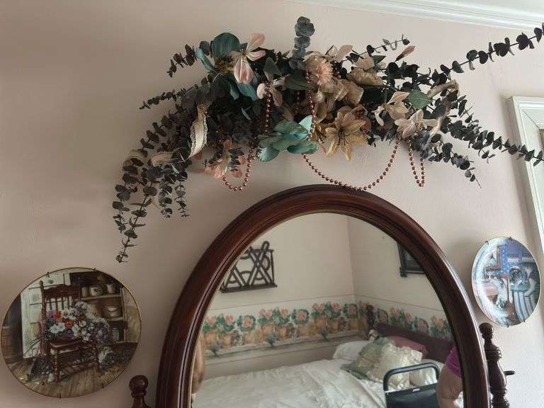 2 collectors plates, floral swag, light reflector handing, heart sachet, pricilla curtain with floral lace image