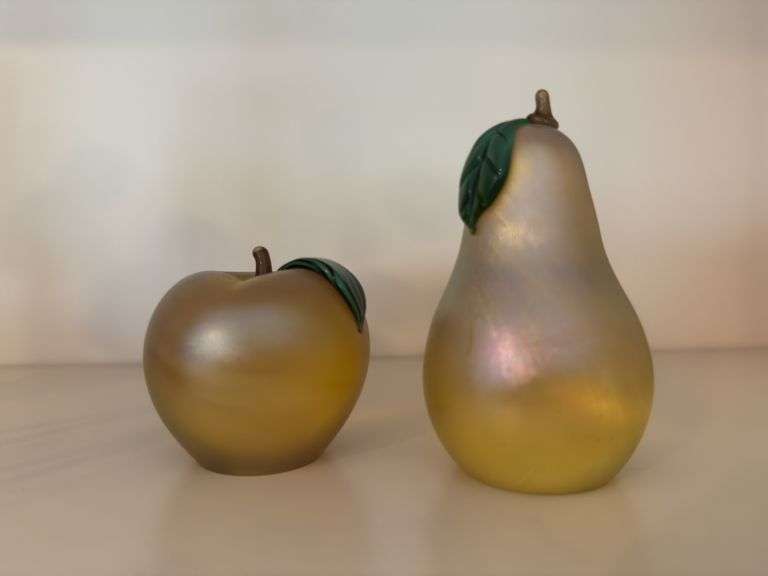 2 vintage Orient & Flume signed art glass paperweights, wood placemat