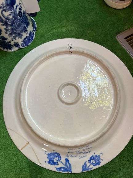 Blue/white porcelain pitcher, 16” repaired round platter