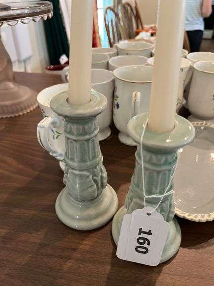 Royal Victoria bone China mugs, candle sticks, Harkerware dish