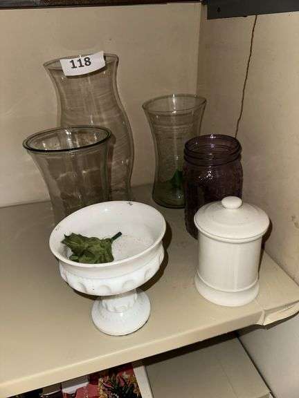 Clear glass vases, milk glass compote, candle