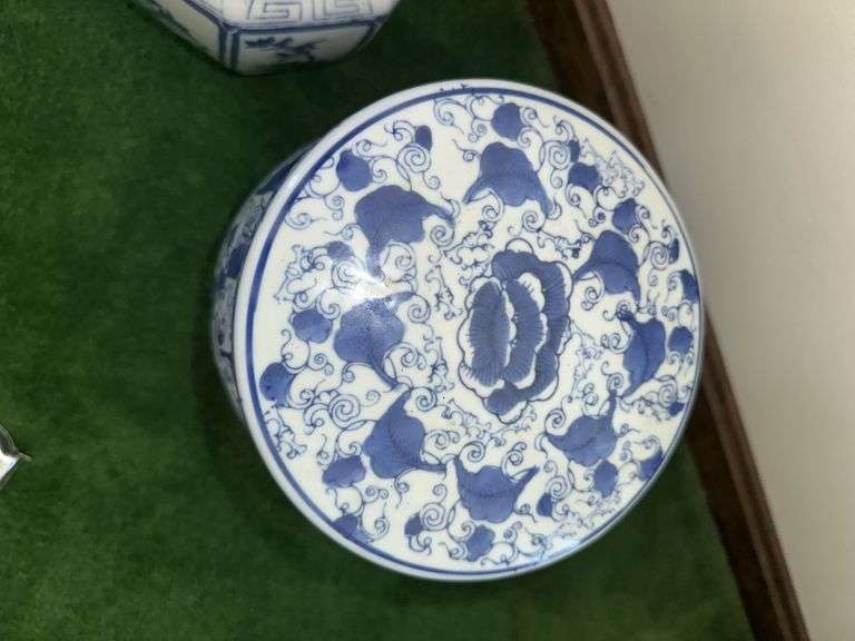 Blue and white painted garden stool 11.5” tall, blue and white vase 14.5” tall
