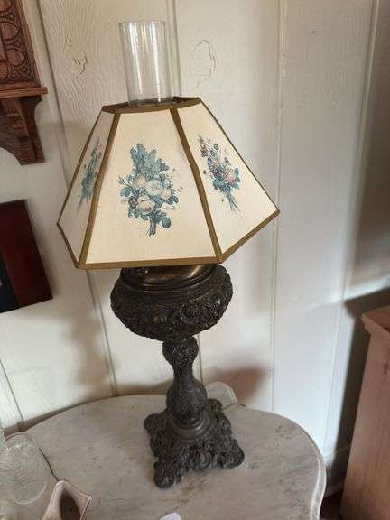 Vintage lamp with bronze base and floral shade image