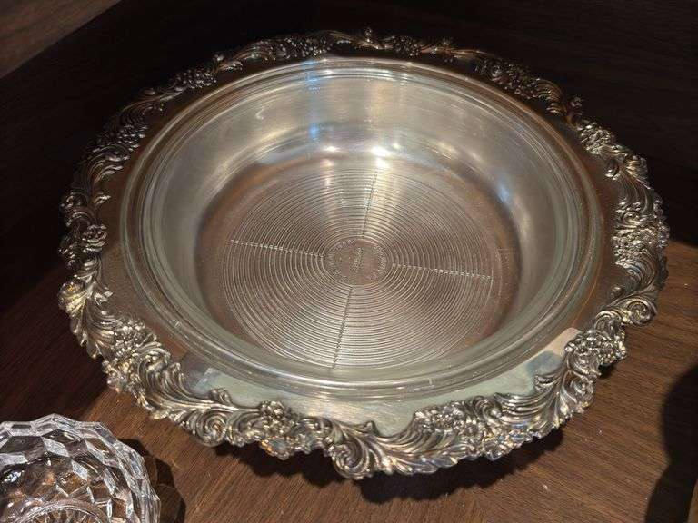Silverplate covered serving bowl, pitcher, wire basket, wine coaster, candleholder, dish