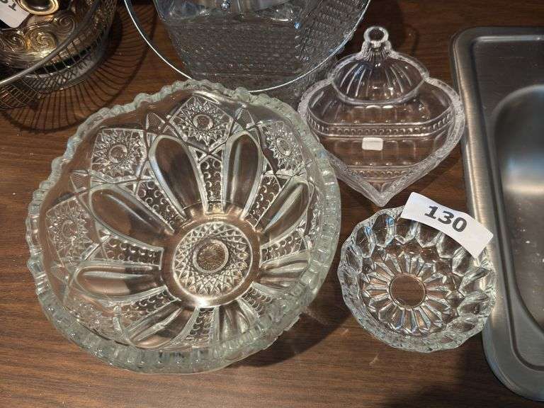 Pattern glass ice bucket & 3 bowls
