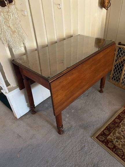 Vintage walnut drop leaf table with glass in center, 20”w x 39”d x 29”h (46”w with leaves up) image