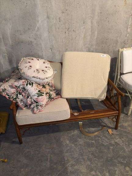 Bamboo loveseat w/ damaged cushion strapping image