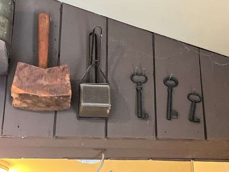 Antique toaster, mallet, keys, sifter( excluding shelf)