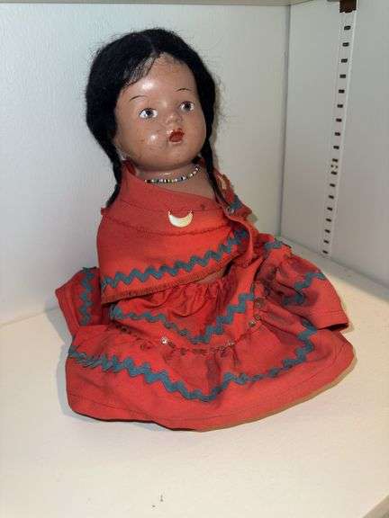 Antique Native American doll with original clothes 12” tall image