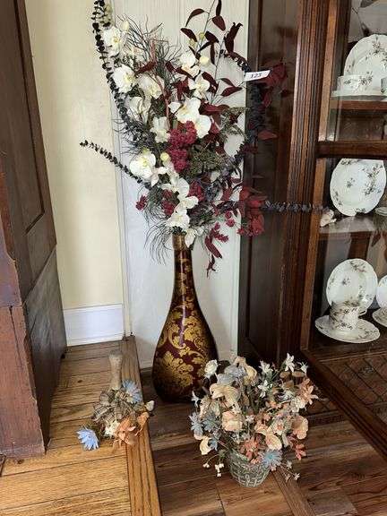 Large vase with floral stems, pottery vase with floral, antique smasher with floral image