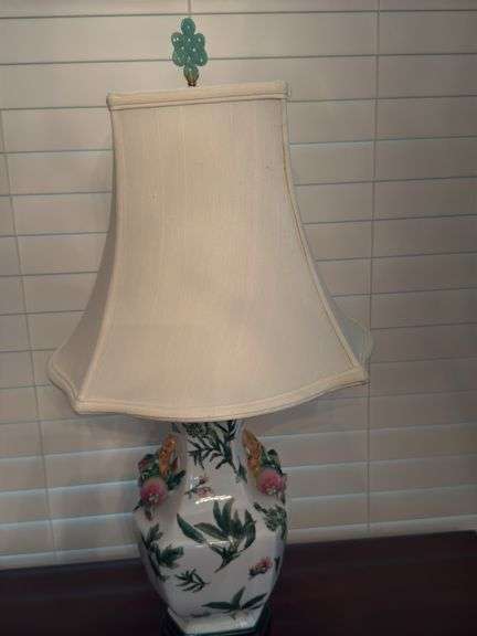 Ceramic base table lamp with jade finial 28"