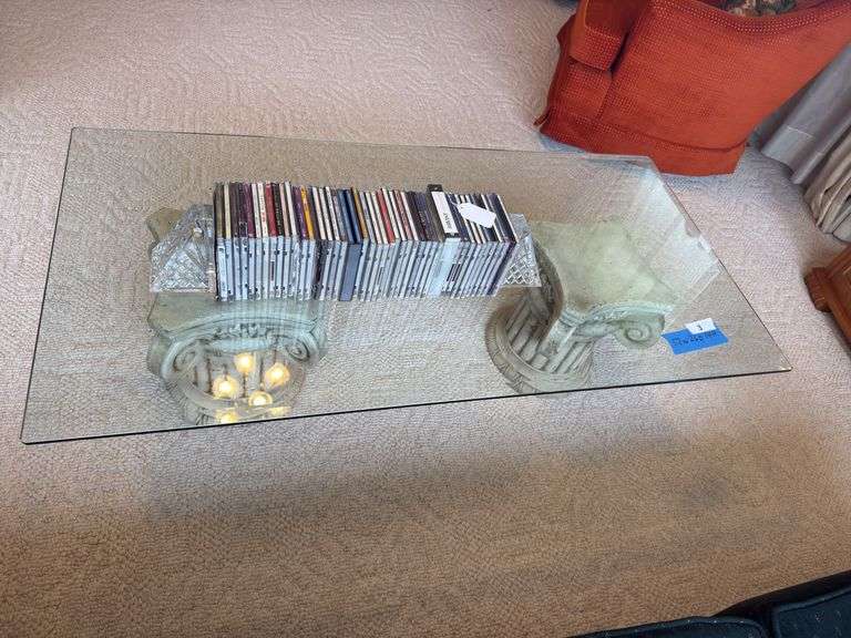 Coffee table with 2 pedestals & glass top 52" x 26" x 14"