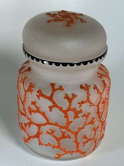 Coralene satin glass 5" dresser jar seaweed pattern image
