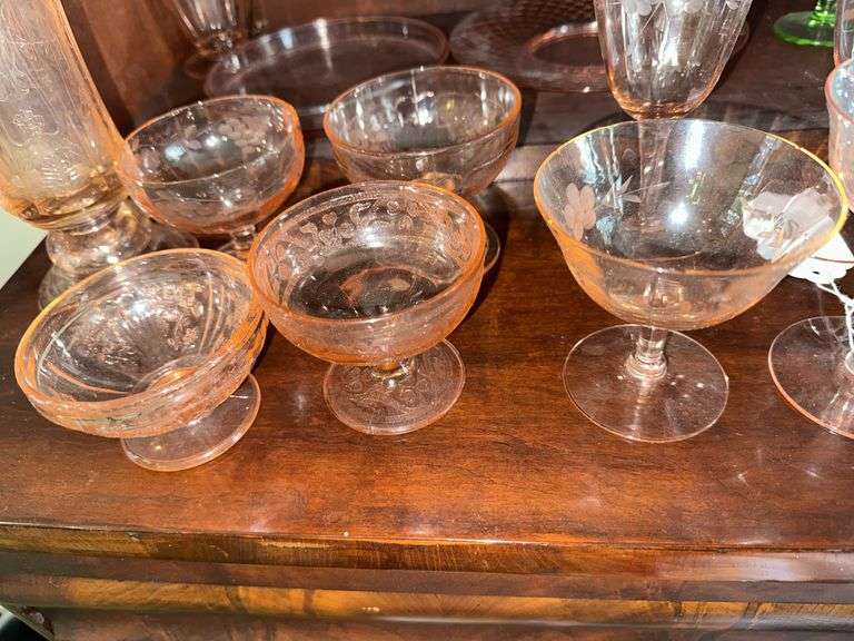 Pink Depressions glass sherbets, wines, vase, 2 plates
