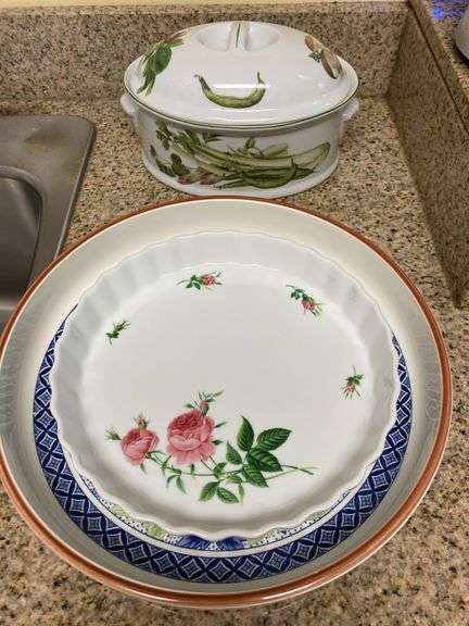 Porcelain covered casserole-France, quiche pie plate, 12.5” flat rimmed bowl-Japan image