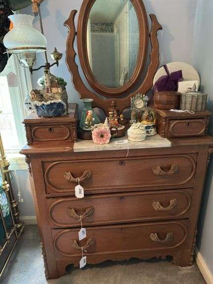 Antique 3 drawer wish bone dresser ( without contents) with mirror and dove tail joints . 63”h X 39”w X 18” d.  Marble insert image