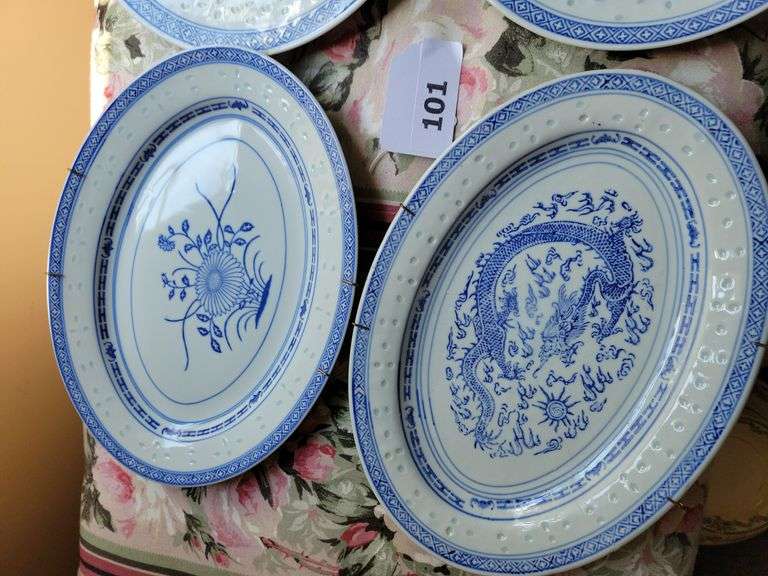 Vintage Asian Blue and White Platters (w/Plate Wall Hangers)