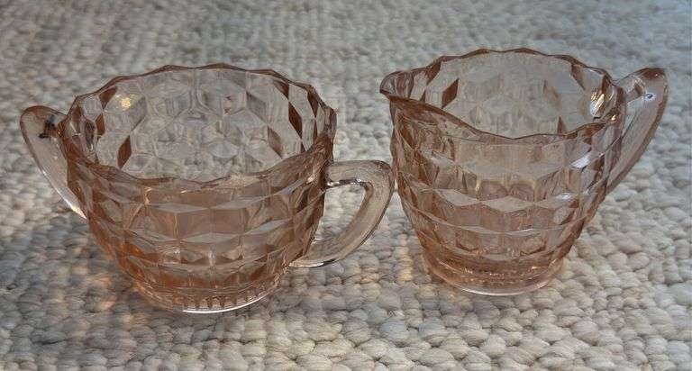 Fostoria pink Depression glass creamer & sugar, plate 7" dia