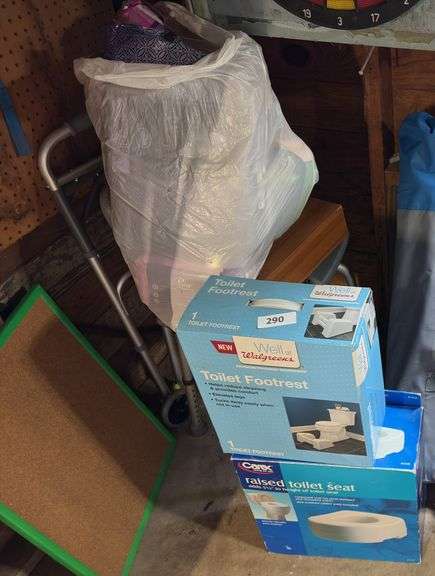 Crutches, walker, Costco play pin, raised toilet seat & foot stool image