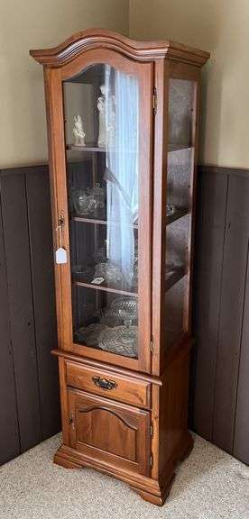 Pine curio cabinet w/ bottom storage