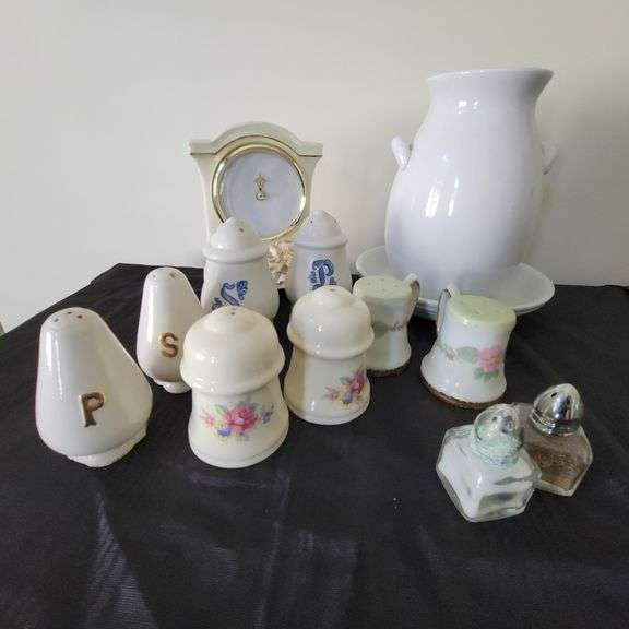 Vintage Salt/Pepper Shakers, Display Clock, Ceramic Double Handle Vase/Dish
