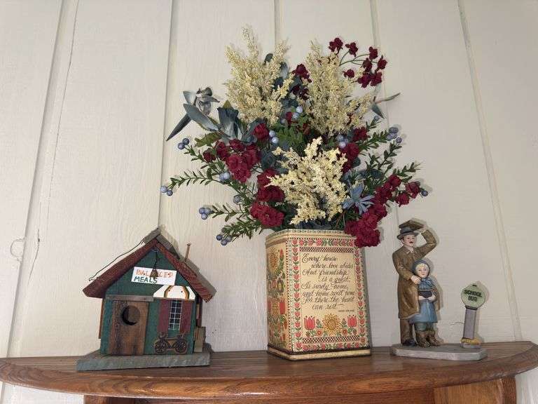 Bird house, floral arrangement, Norman Rockwell figurine “Bus Stop” (has been repaired) image